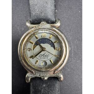 Vtg Chic Moon Face Dial Date Women's Watch Silver Tone Black Calf Band LCH143